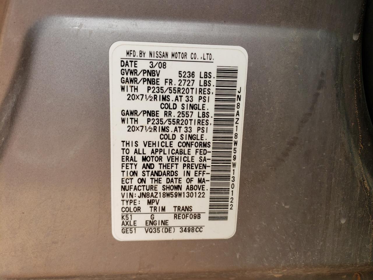 JN8AZ18W59W130122 2009 Nissan Murano S