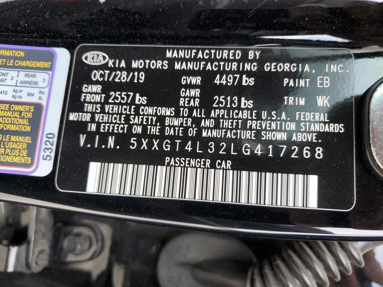5XXGT4L32LG417268 2020 Kia Optima Lx