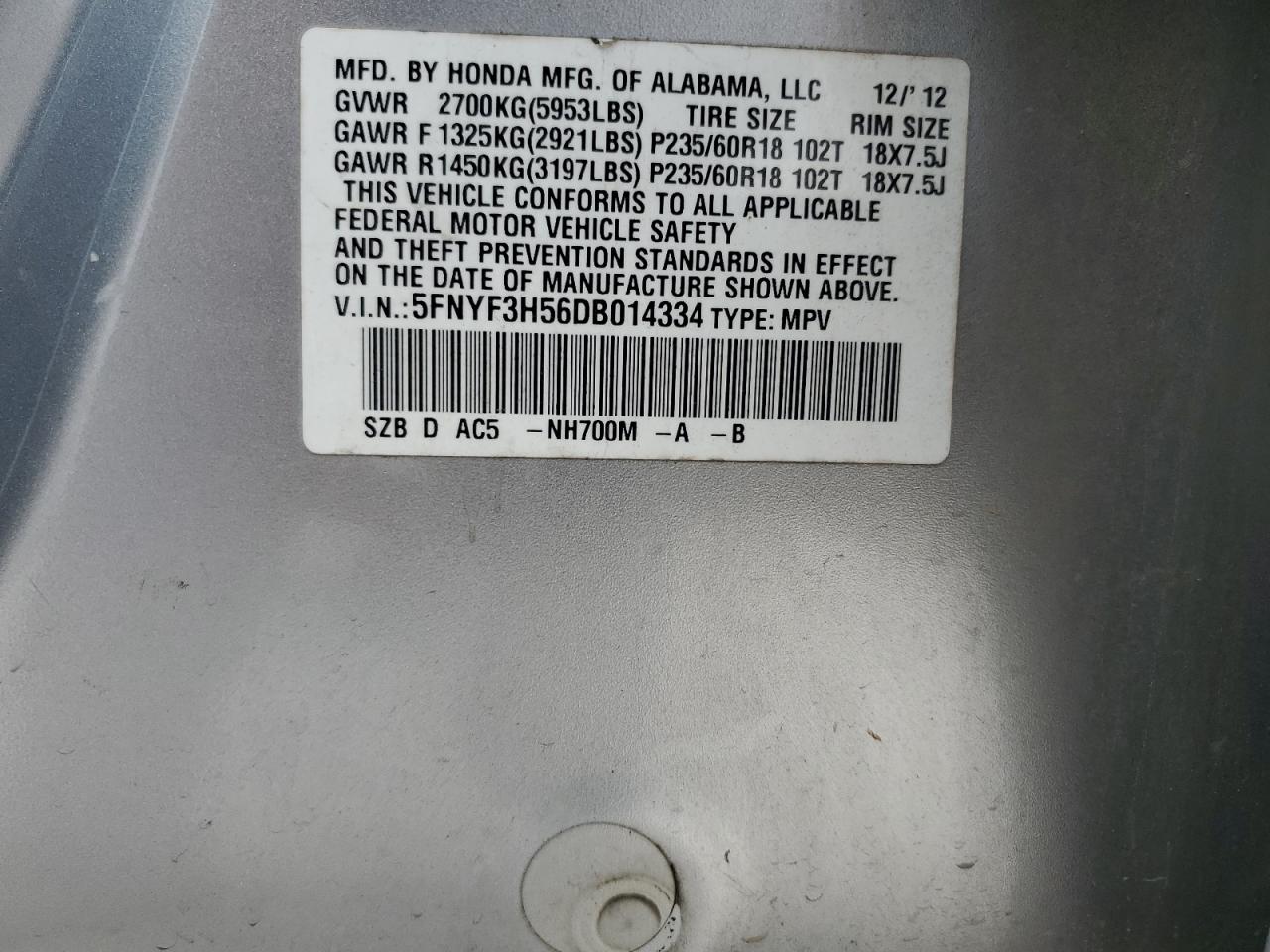 5FNYF3H56DB014334 2013 Honda Pilot Exl