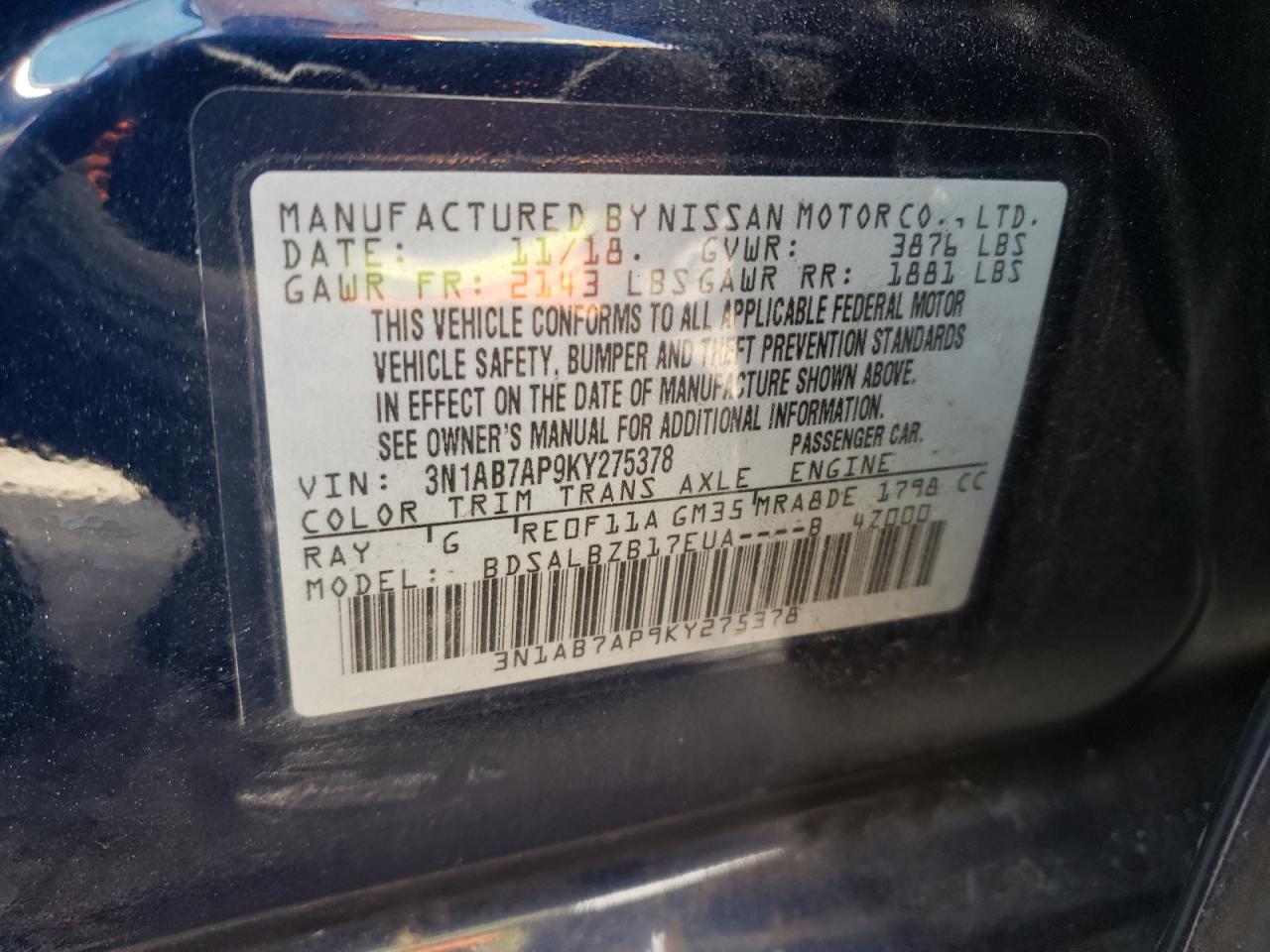 3N1AB7AP9KY275378 2019 Nissan Sentra S