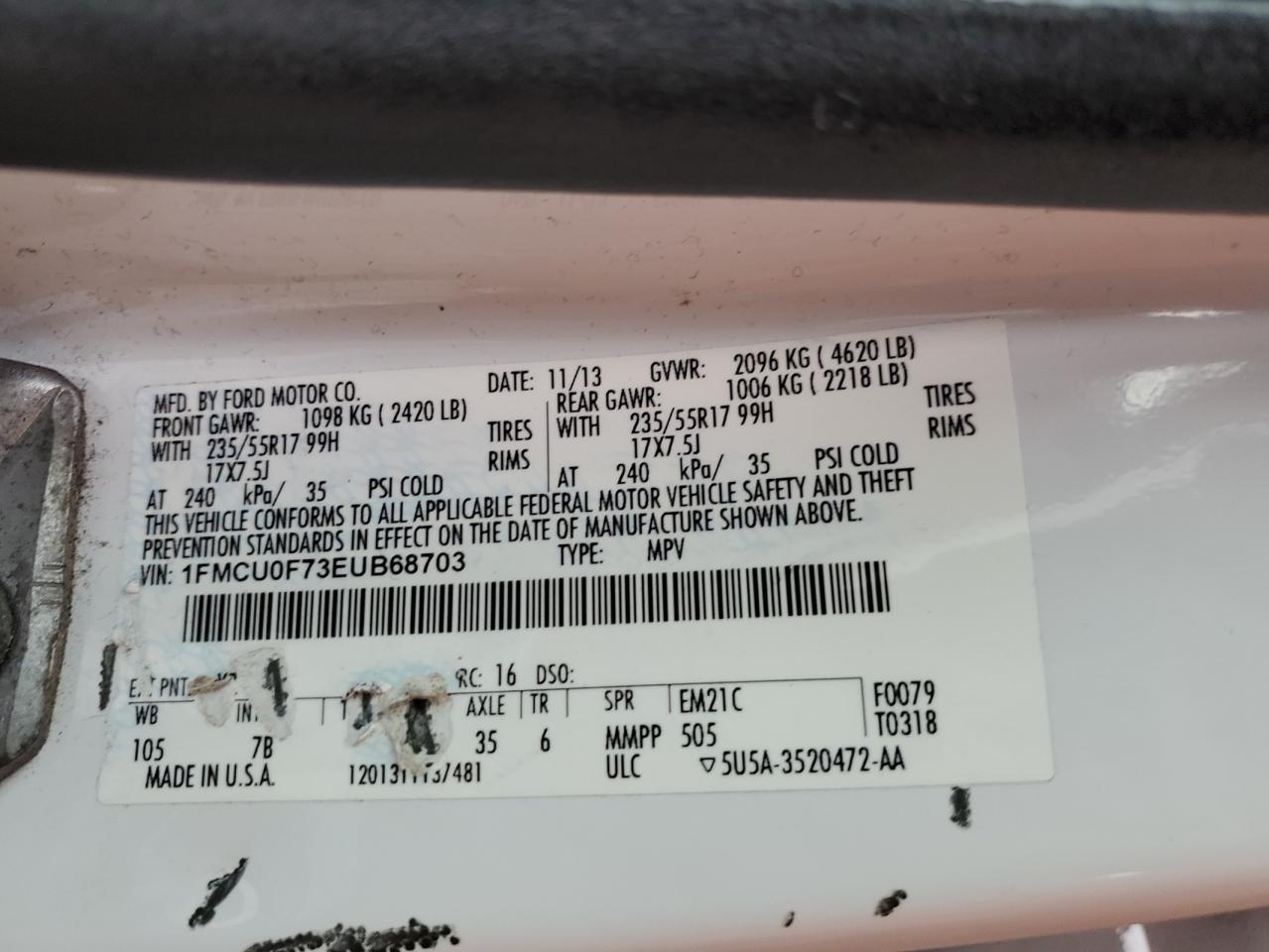 1FMCU0F73EUB68703 2014 Ford Escape S