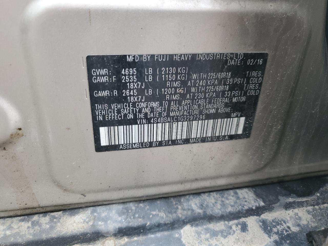 4S4BSALC1G3297296 2016 Subaru Outback 2.5I Limited