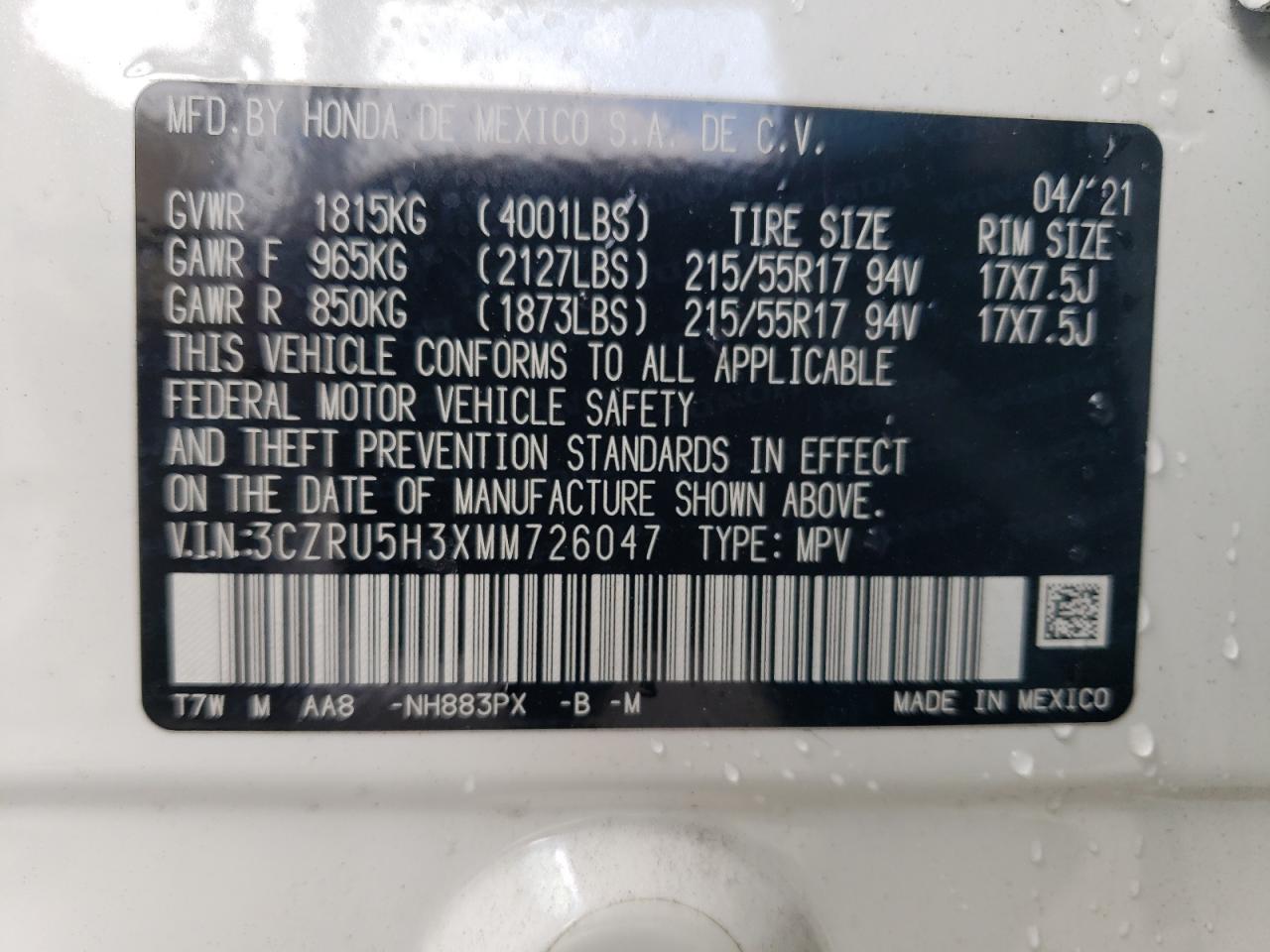 3CZRU5H3XMM726047 2021 Honda Hr-V Lx