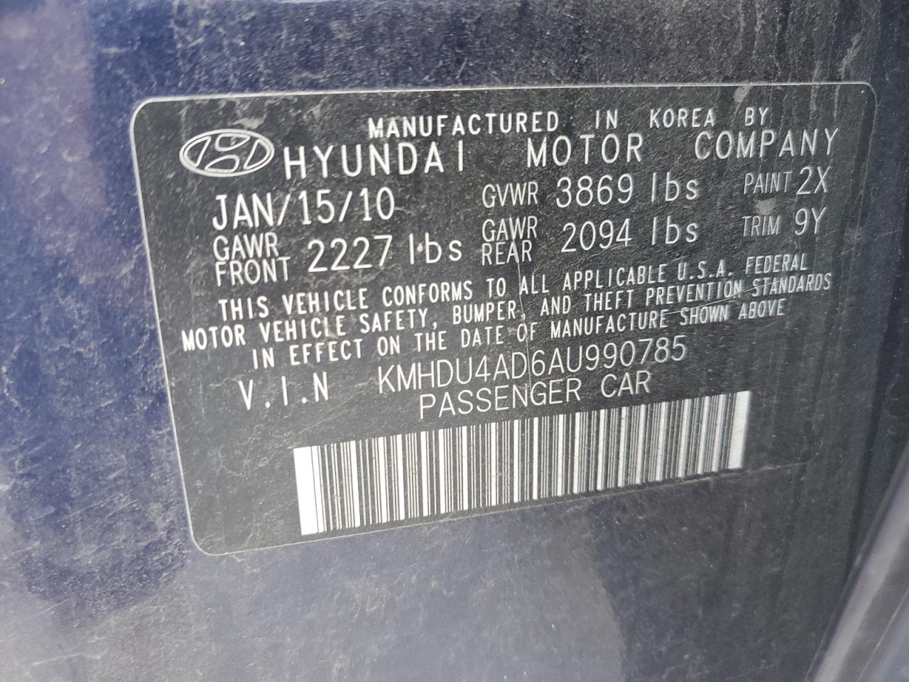 KMHDU4AD6AU990785 2010 Hyundai Elantra Blue