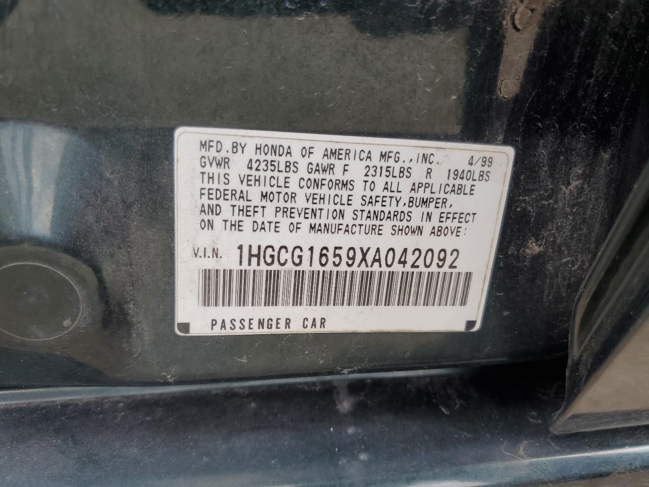 1HGCG1659XA042092 1999 Honda Accord Ex