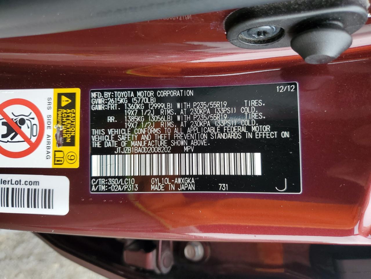 JTJZB1BA0D2008202 2013 Lexus Rx 450