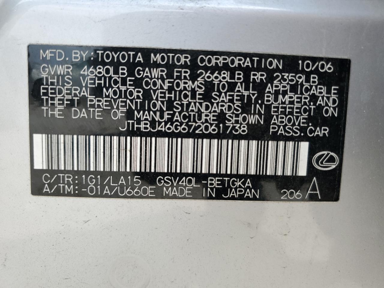 JTHBJ46G672061738 2007 Lexus Es 350