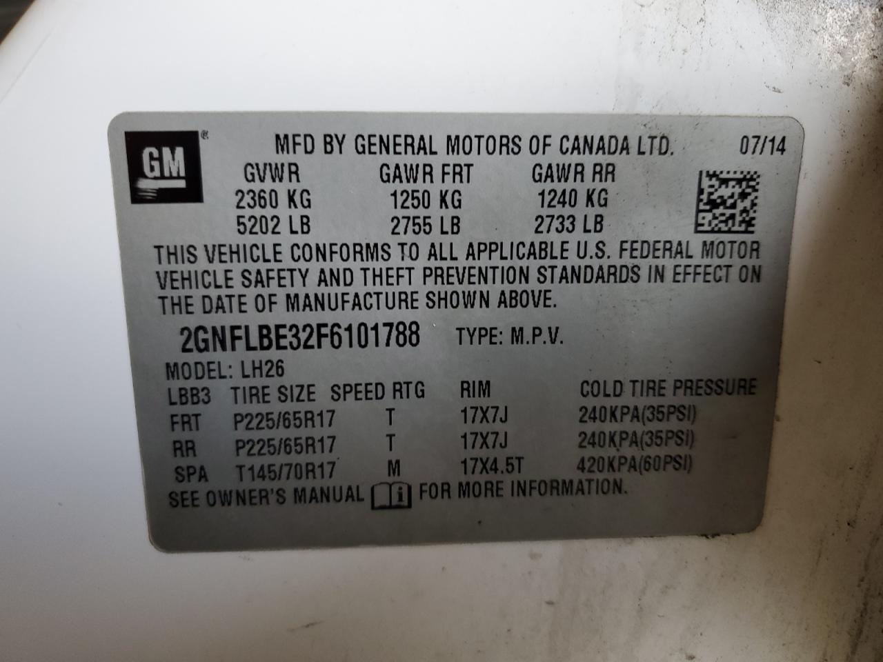 2GNFLBE32F6101788 2015 Chevrolet Equinox Lt