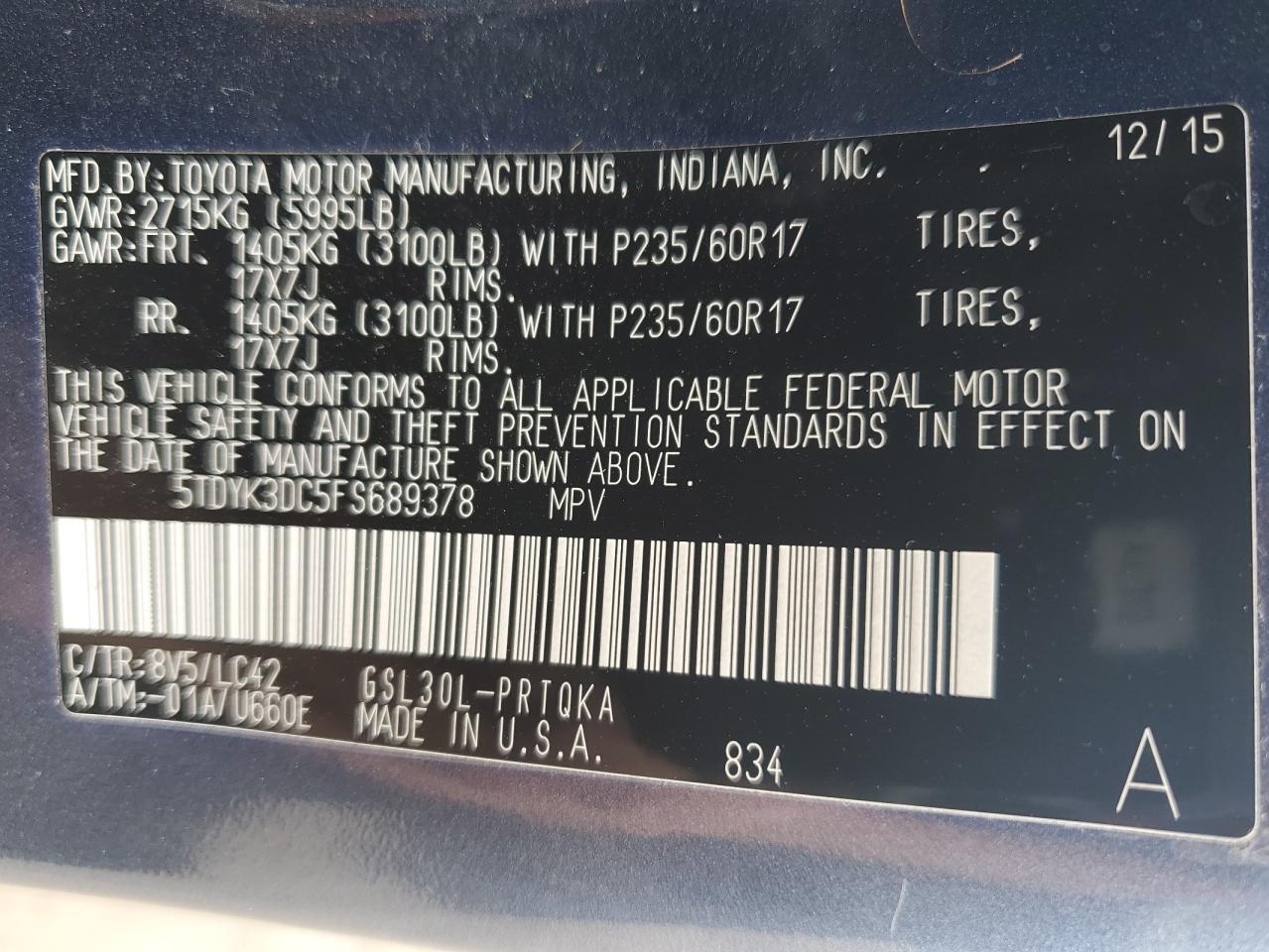 5TDYK3DC5FS689378 2015 Toyota Sienna Xle