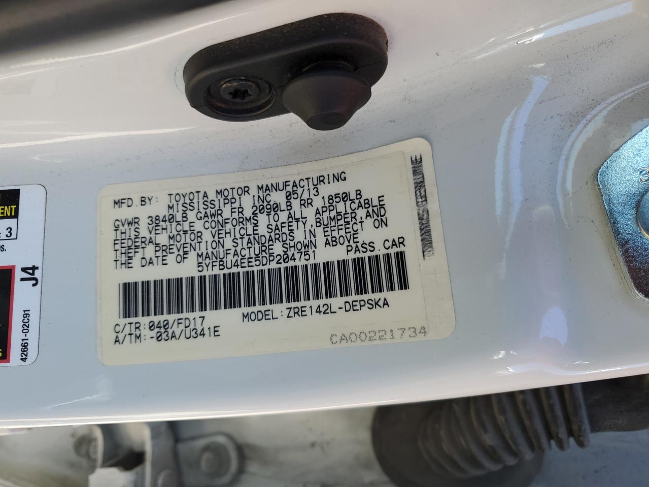 5YFBU4EE5DP204751 2013 Toyota Corolla Base