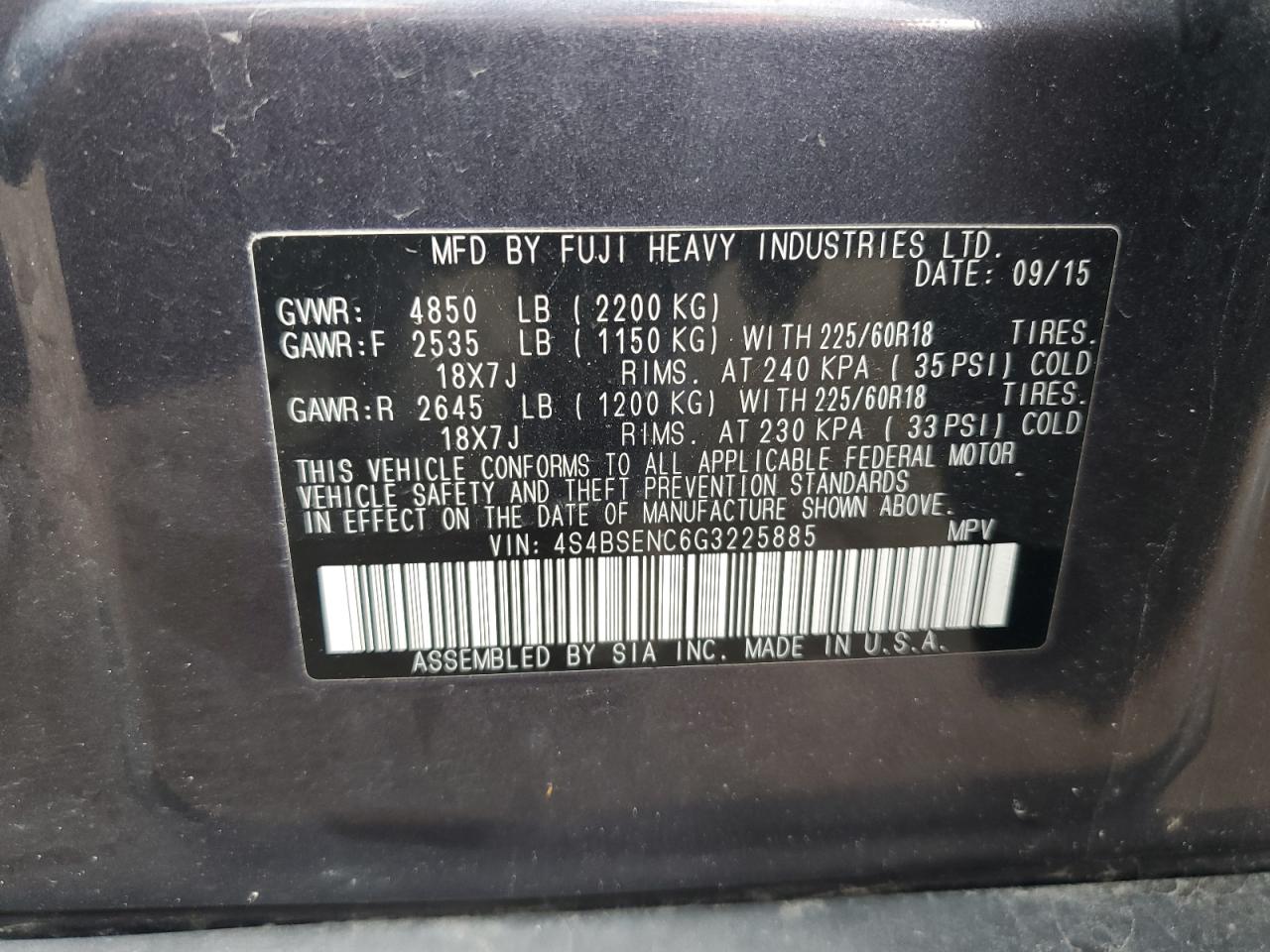 4S4BSENC6G3225885 2016 Subaru Outback 3.6R Limited