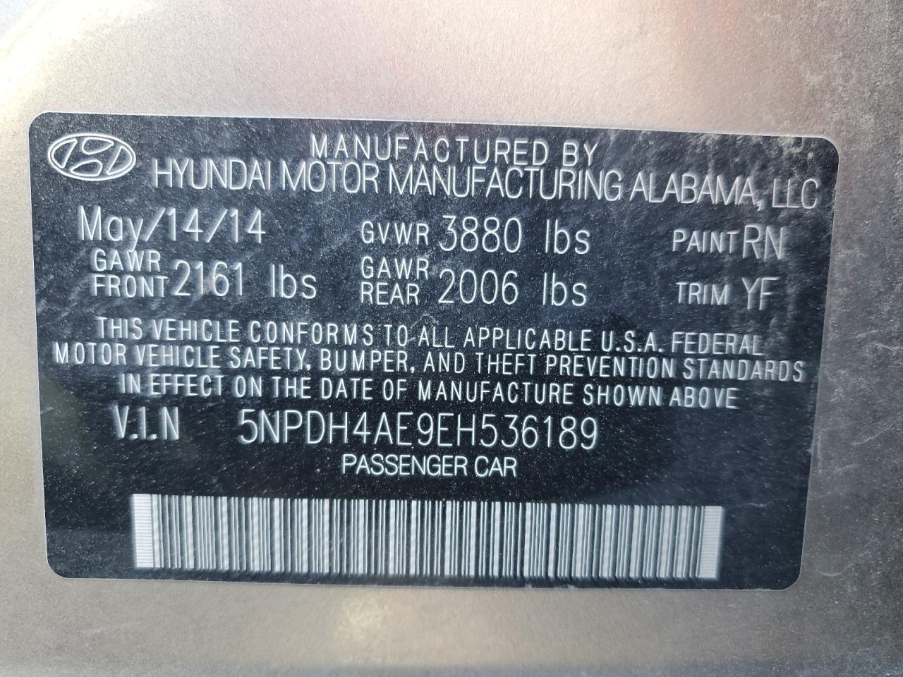 5NPDH4AE9EH536189 2014 Hyundai Elantra Se