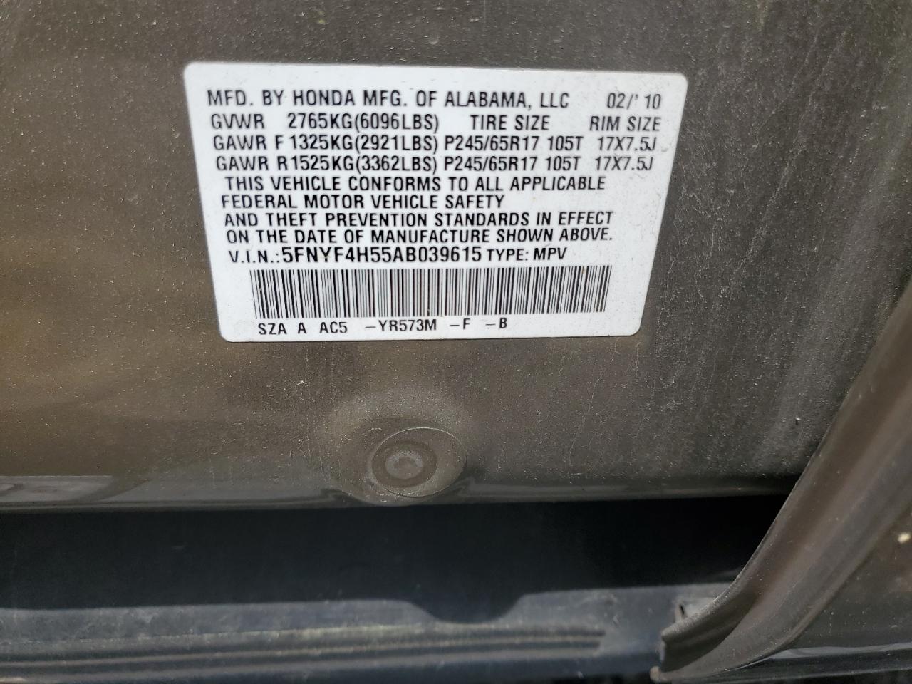 5FNYF4H55AB039615 2010 Honda Pilot Exl