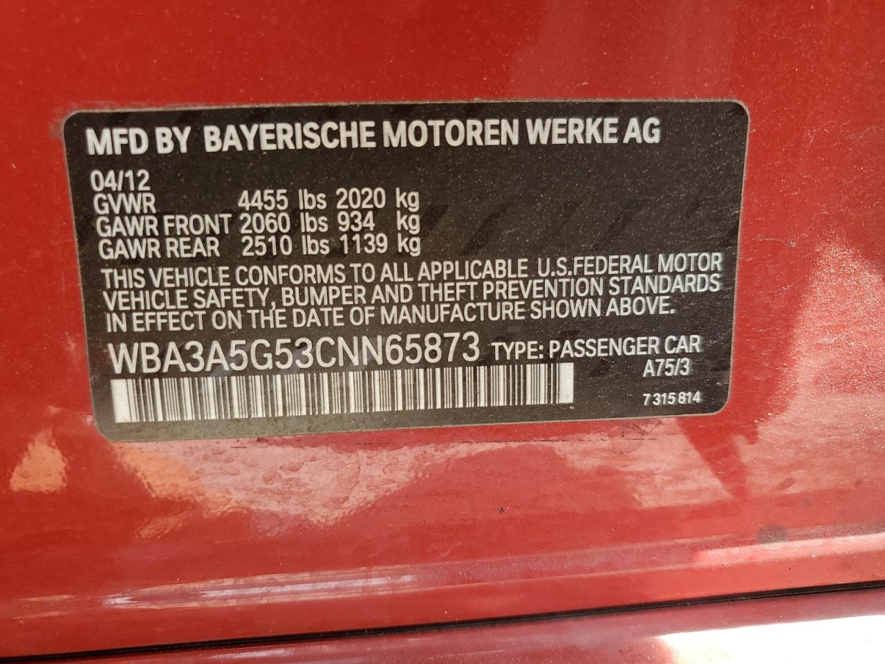 WBA3A5G53CNN65873 2012 BMW 328 I