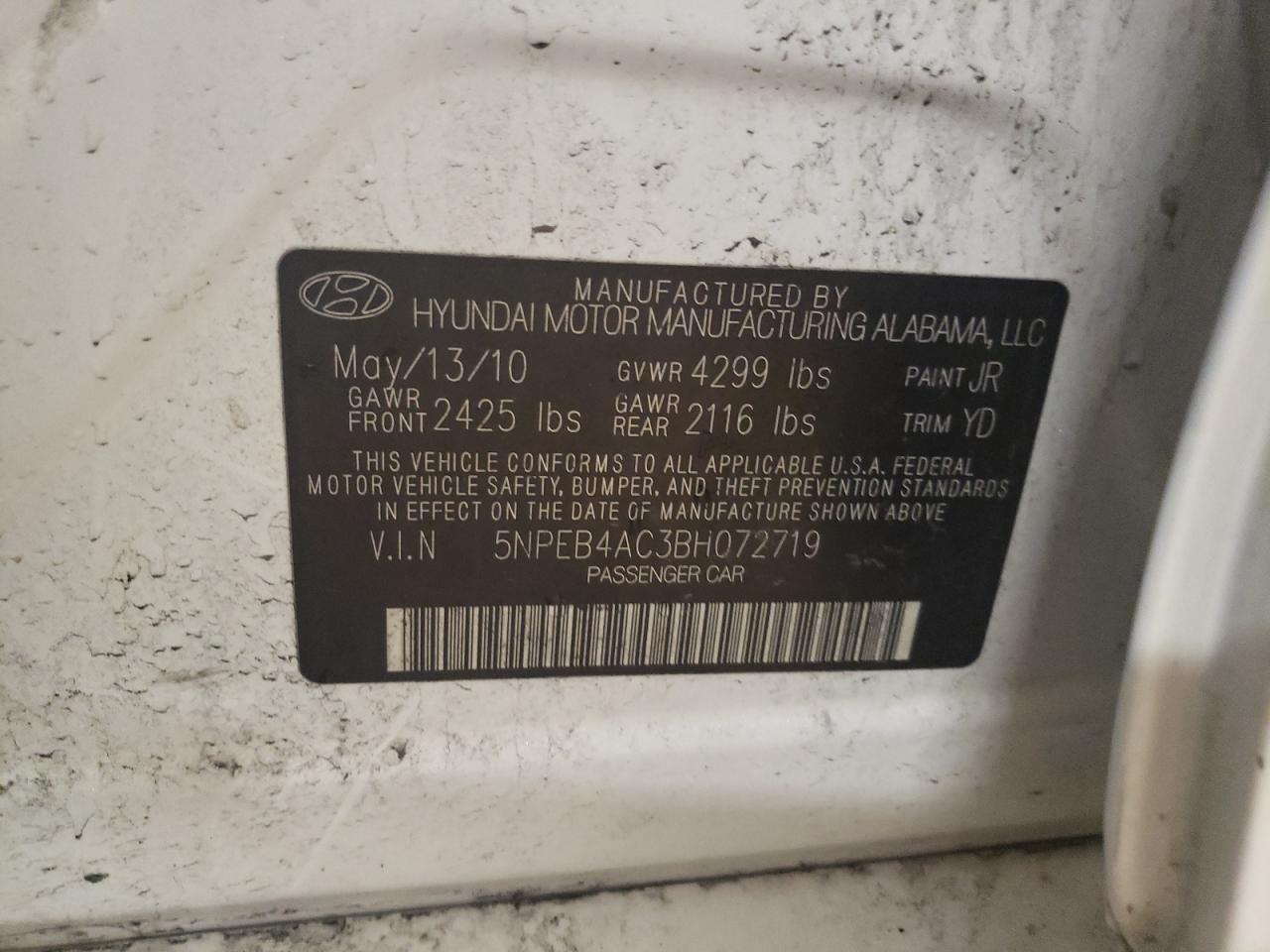 5NPEB4AC3BH072719 2011 Hyundai Sonata Gls