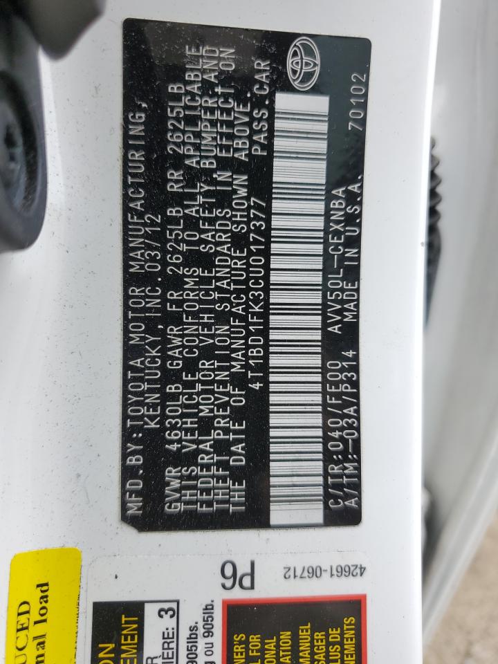 4T1BD1FK3CU017377 2012 Toyota Camry Hybrid