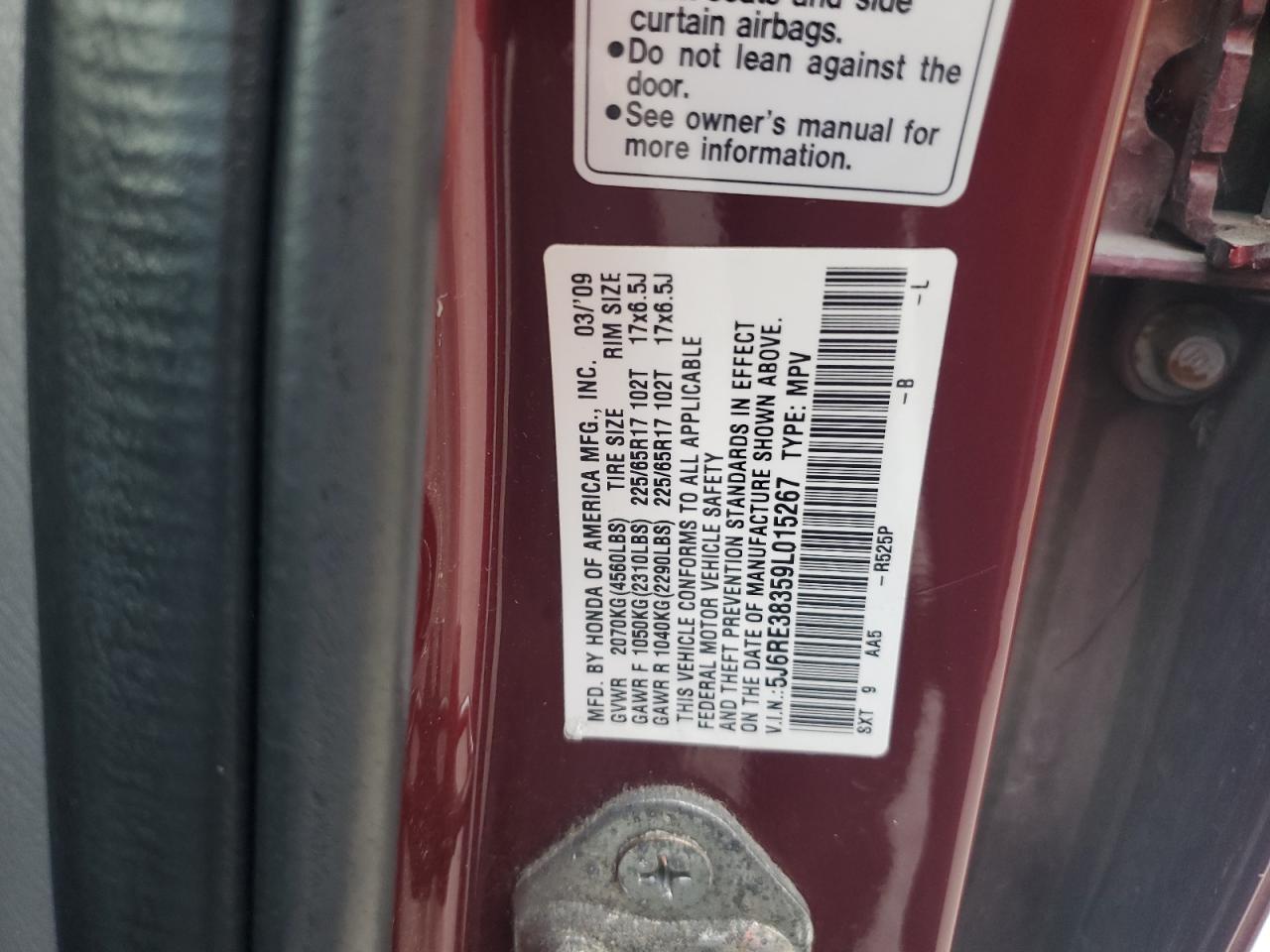 5J6RE38359L015267 2009 Honda Cr-V Lx