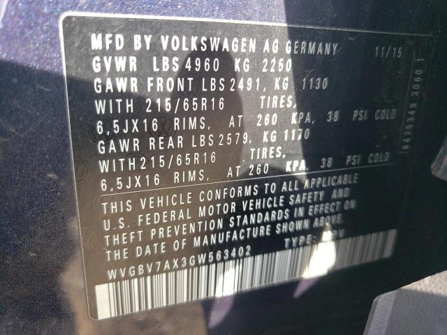 2016 Volkswagen Tiguan S VIN: WVGBV7AX3GW563402 Lot: 54911874