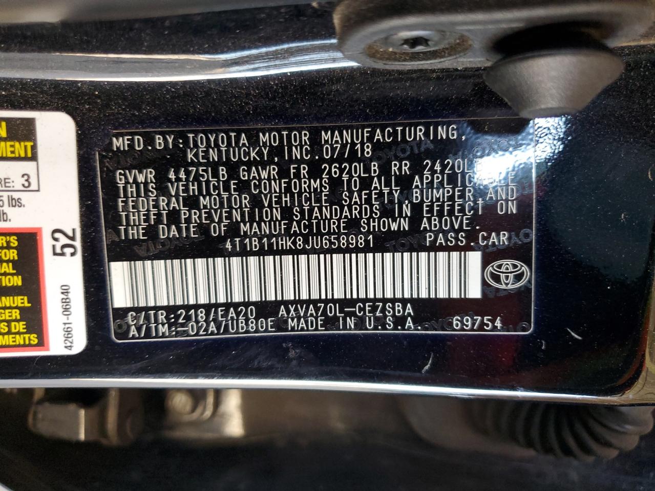 4T1B11HK8JU658981 2018 Toyota Camry L