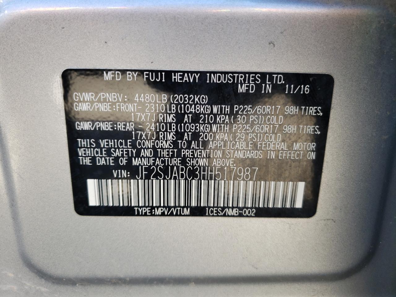 JF2SJABC3HH517987 2017 Subaru Forester 2.5I