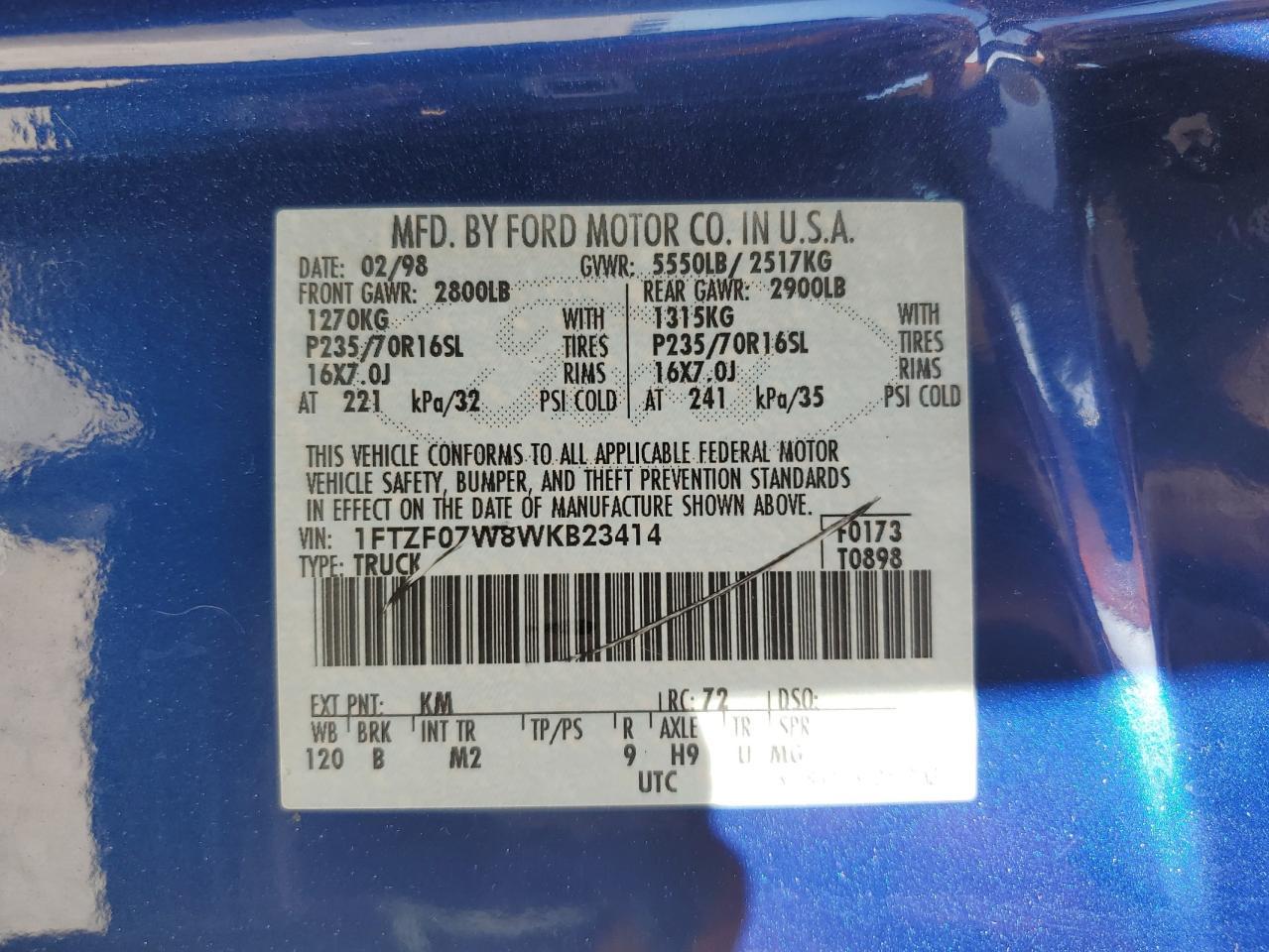 1FTZF07W8WKB23414 1998 Ford F150