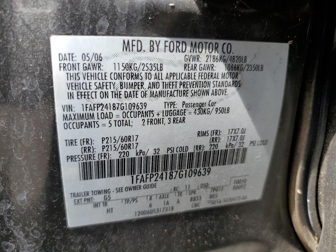 1FAFP24187G109639 2007 Ford Five Hundred Sel