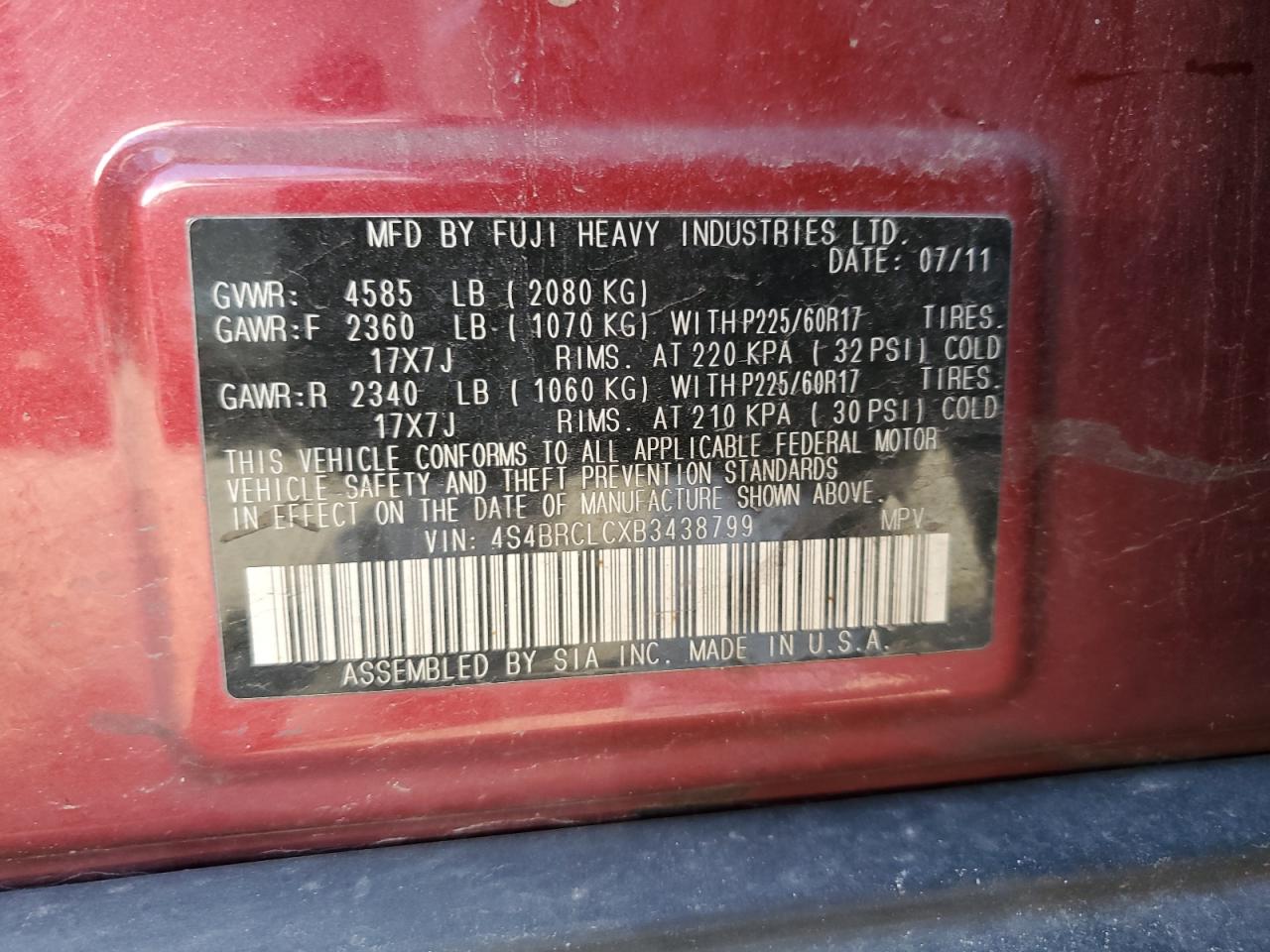 4S4BRCLCXB3438799 2011 Subaru Outback 2.5I Limited