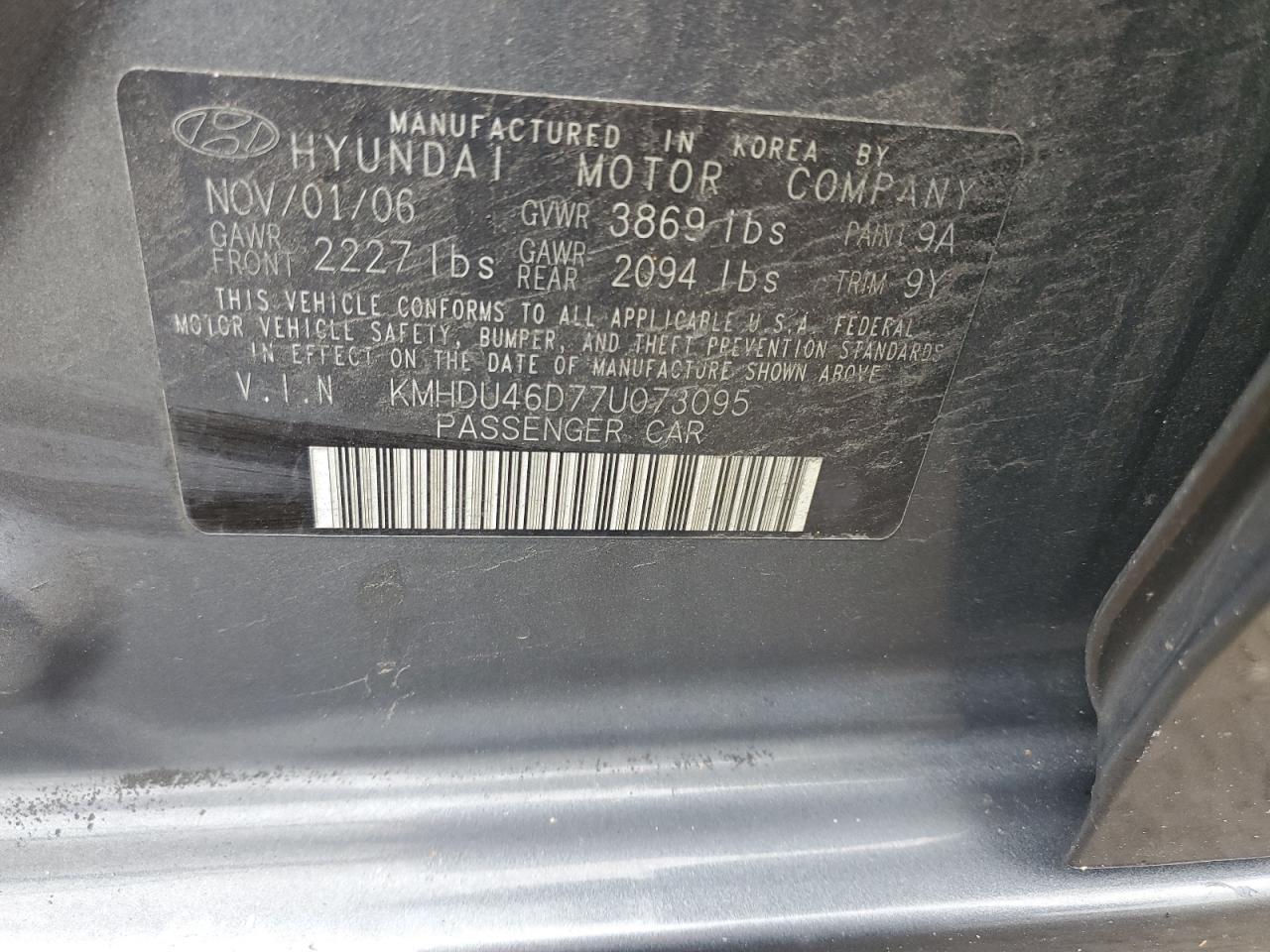 KMHDU46D77U073095 2007 Hyundai Elantra Gls