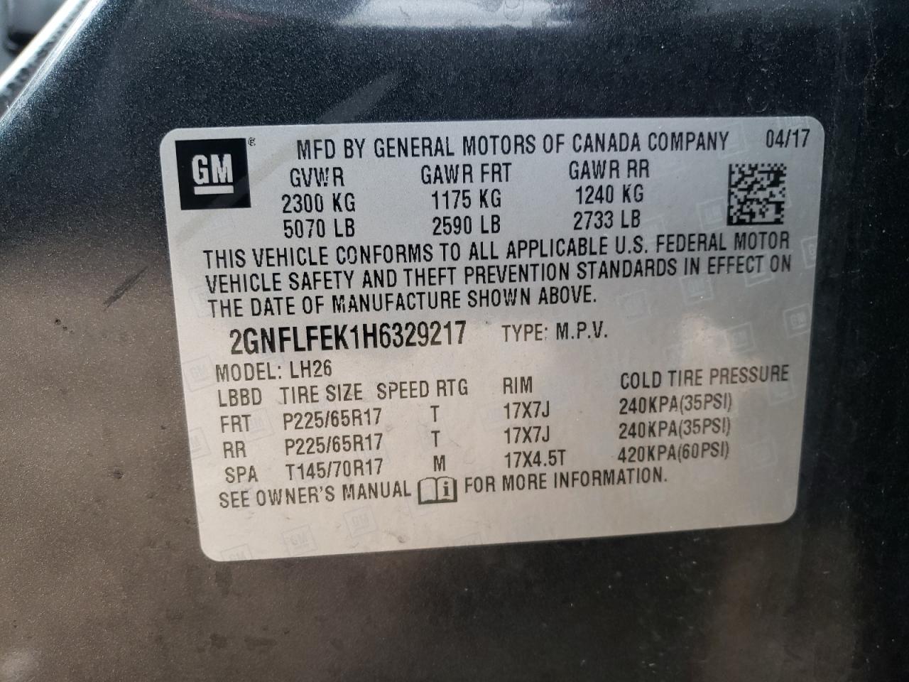 2GNFLFEK1H6329217 2017 Chevrolet Equinox Lt