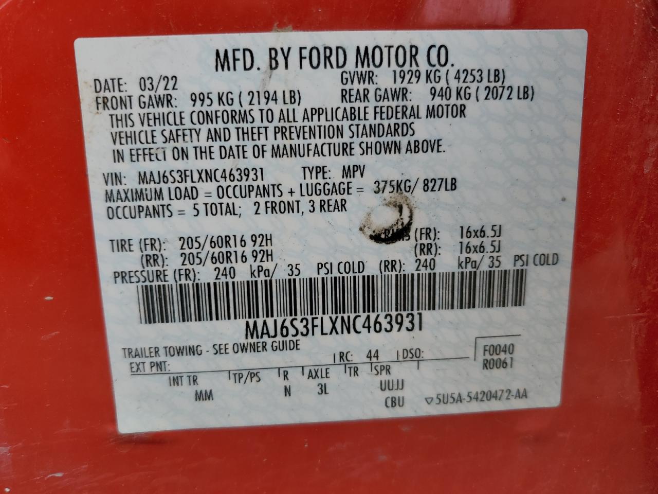 MAJ6S3FLXNC463931 2022 Ford Ecosport S