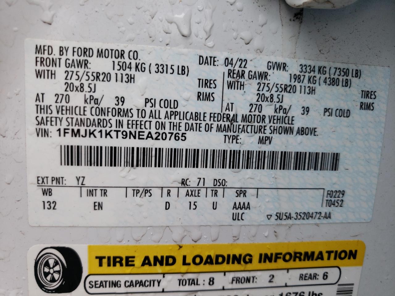 1FMJK1KT9NEA20765 2022 Ford Expedition Max Limited