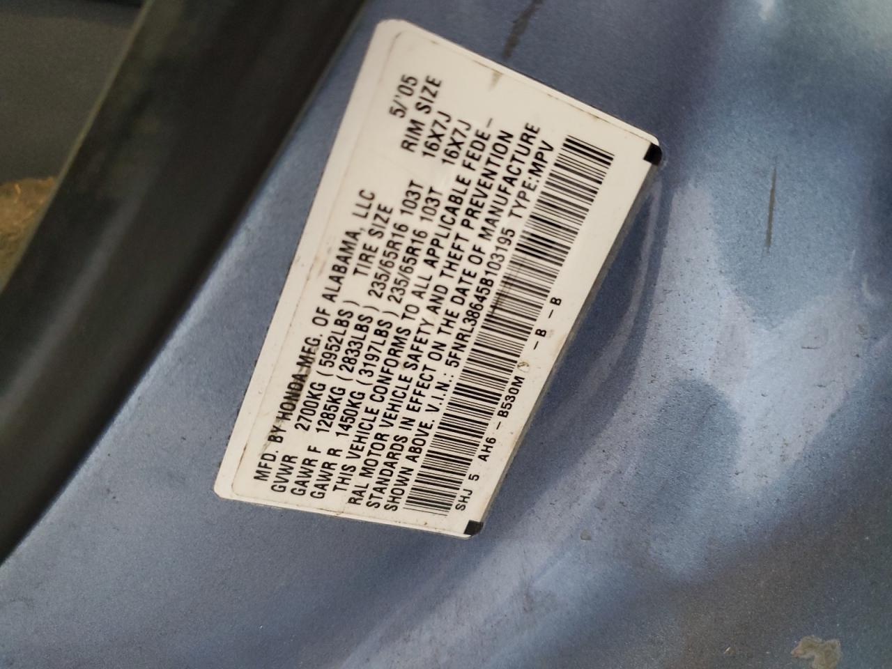 5FNRL38645B103195 2005 Honda Odyssey Exl