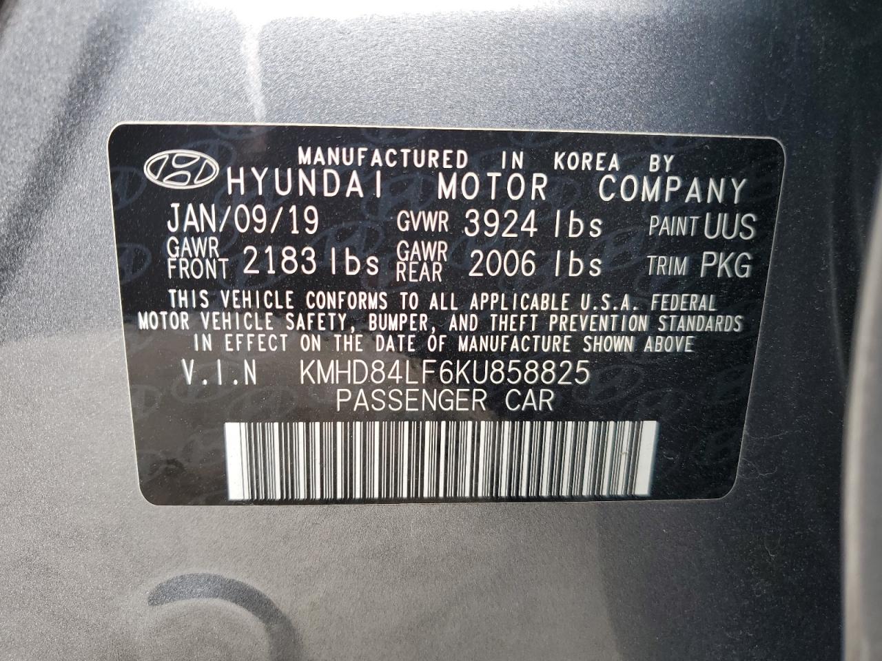 KMHD84LF6KU858825 2019 Hyundai Elantra Sel