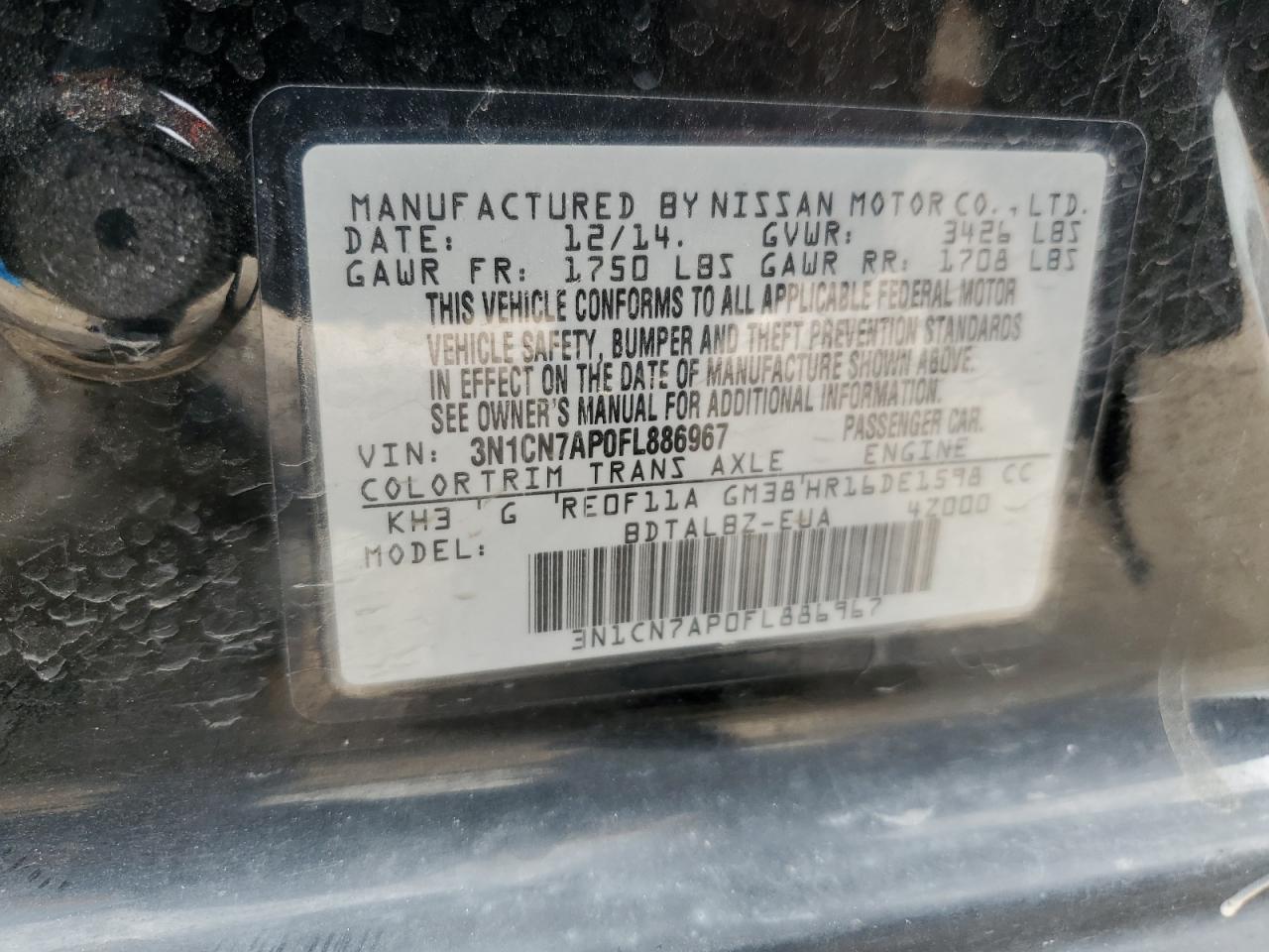 3N1CN7AP0FL886967 2015 Nissan Versa S