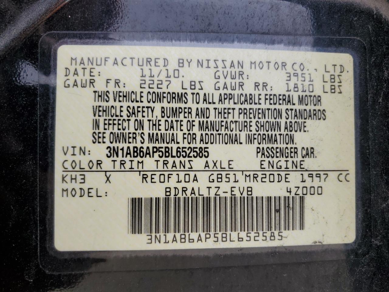 3N1AB6AP5BL652585 2011 Nissan Sentra 2.0