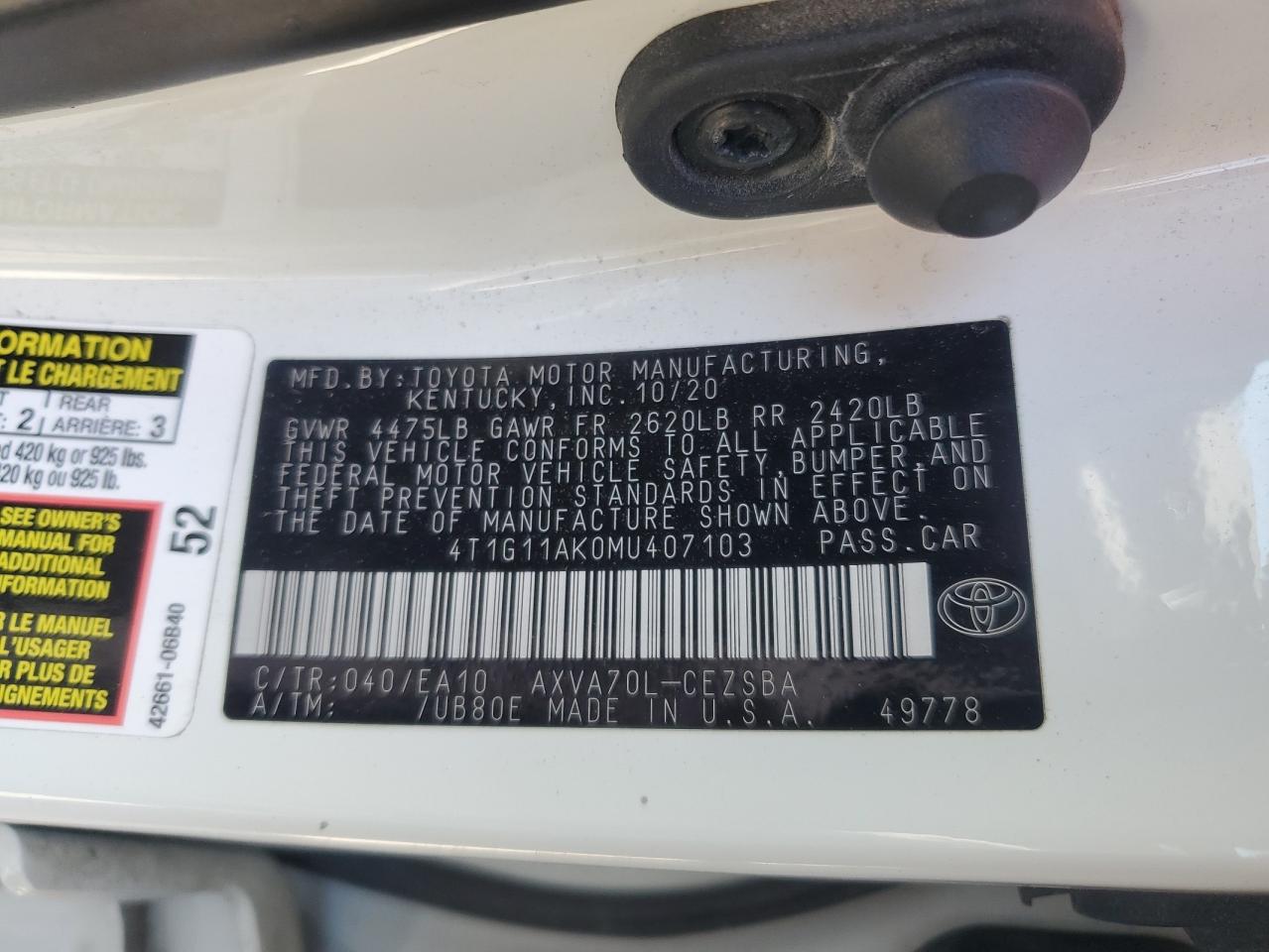 4T1G11AK0MU407103 2021 Toyota Camry Se