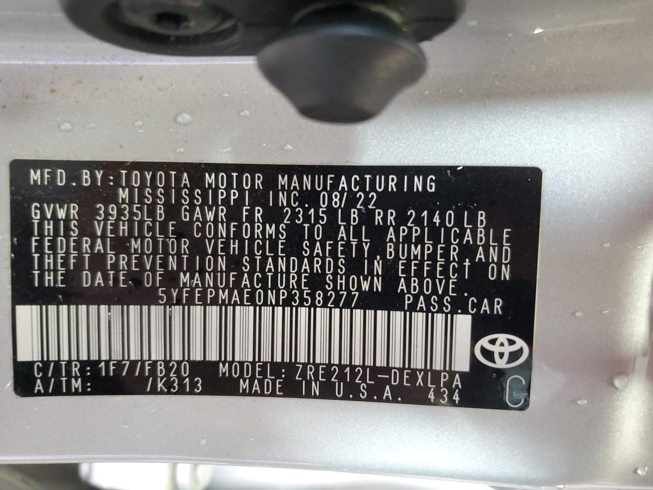 5YFEPMAE0NP358277 2022 Toyota Corolla Le