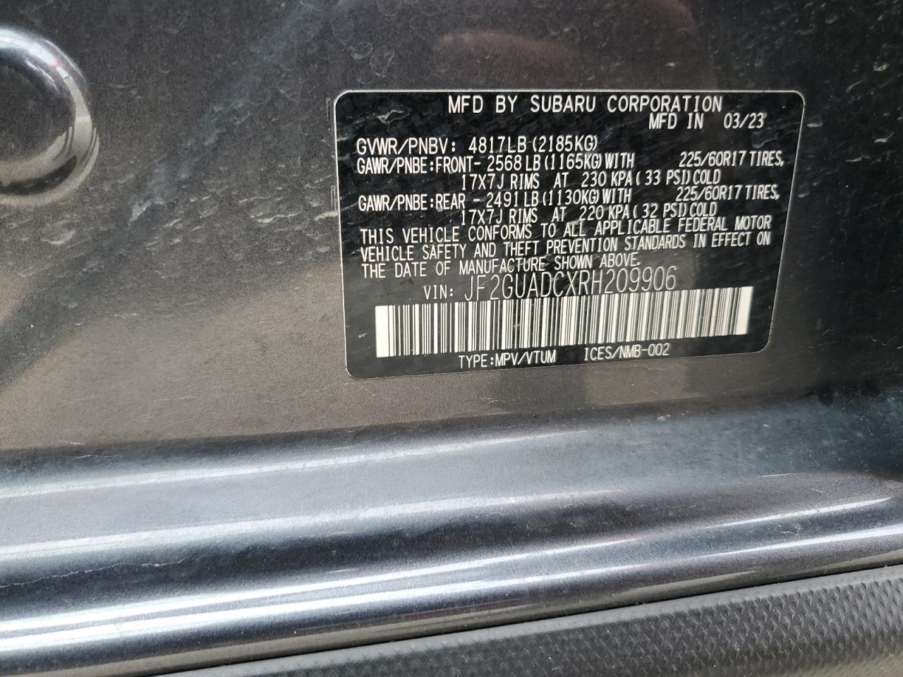 2024 Subaru Crosstrek Premium vin: JF2GUADCXRH209906