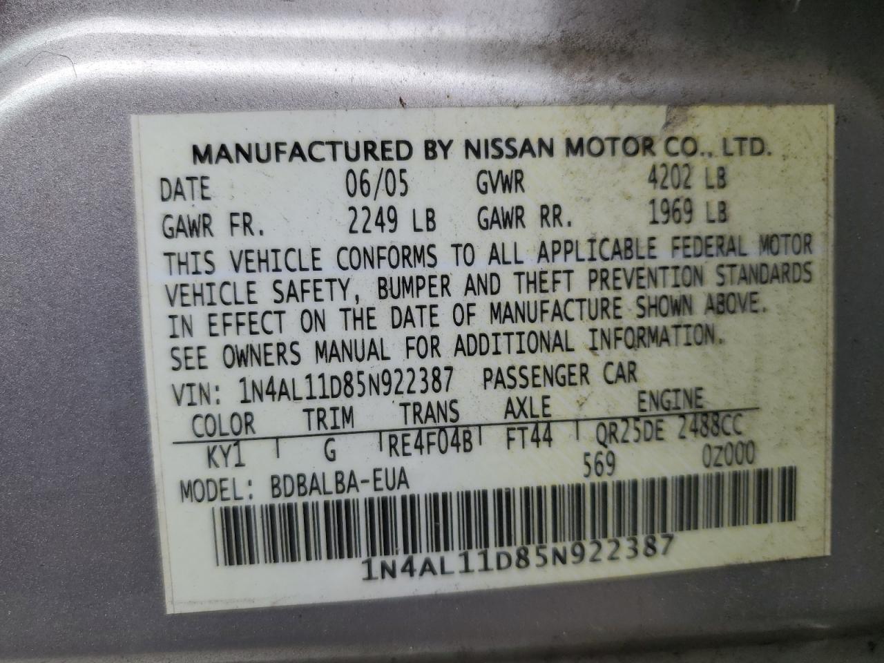 1N4AL11D85N922387 2005 Nissan Altima S