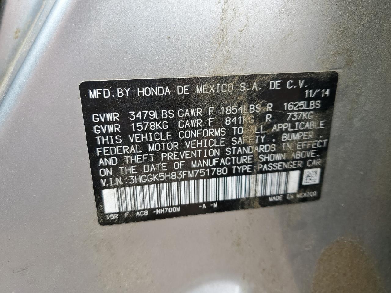3HGGK5H83FM751780 2015 Honda Fit Ex