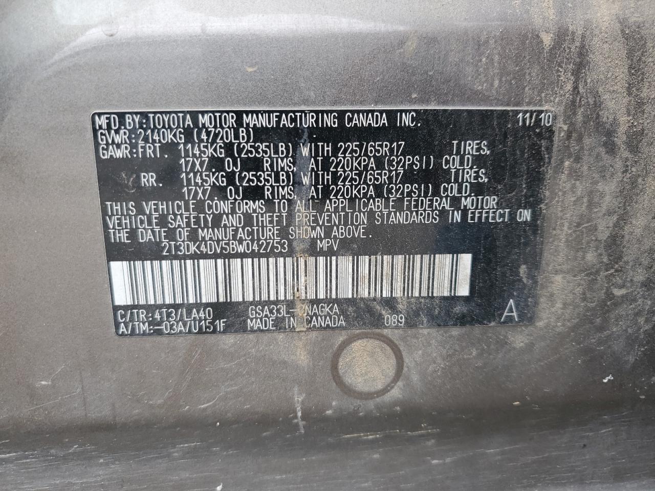 2T3DK4DV5BW042753 2011 Toyota Rav4 Limited