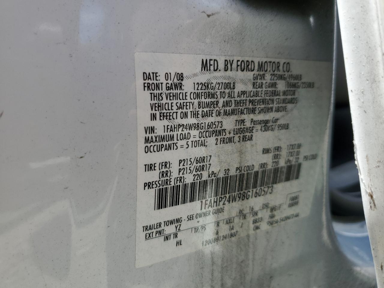 1FAHP24W98G160573 2008 Ford Taurus Sel