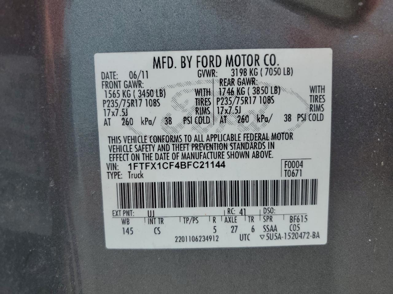 1FTFX1CF4BFC21144 2011 Ford F150 Super Cab