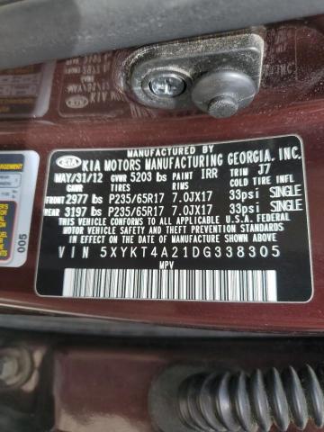 2013 Kia Sorento Lx VIN: 5XYKT4A21DG338305 Lot: 57146414