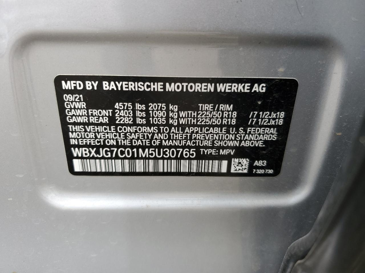 WBXJG7C01M5U30765 2021 BMW X1 Sdrive28I