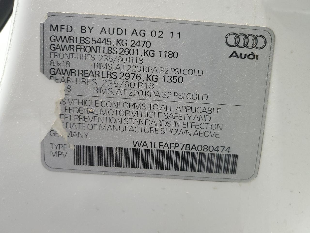 WA1LFAFP7BA080474 2011 Audi Q5 Premium Plus