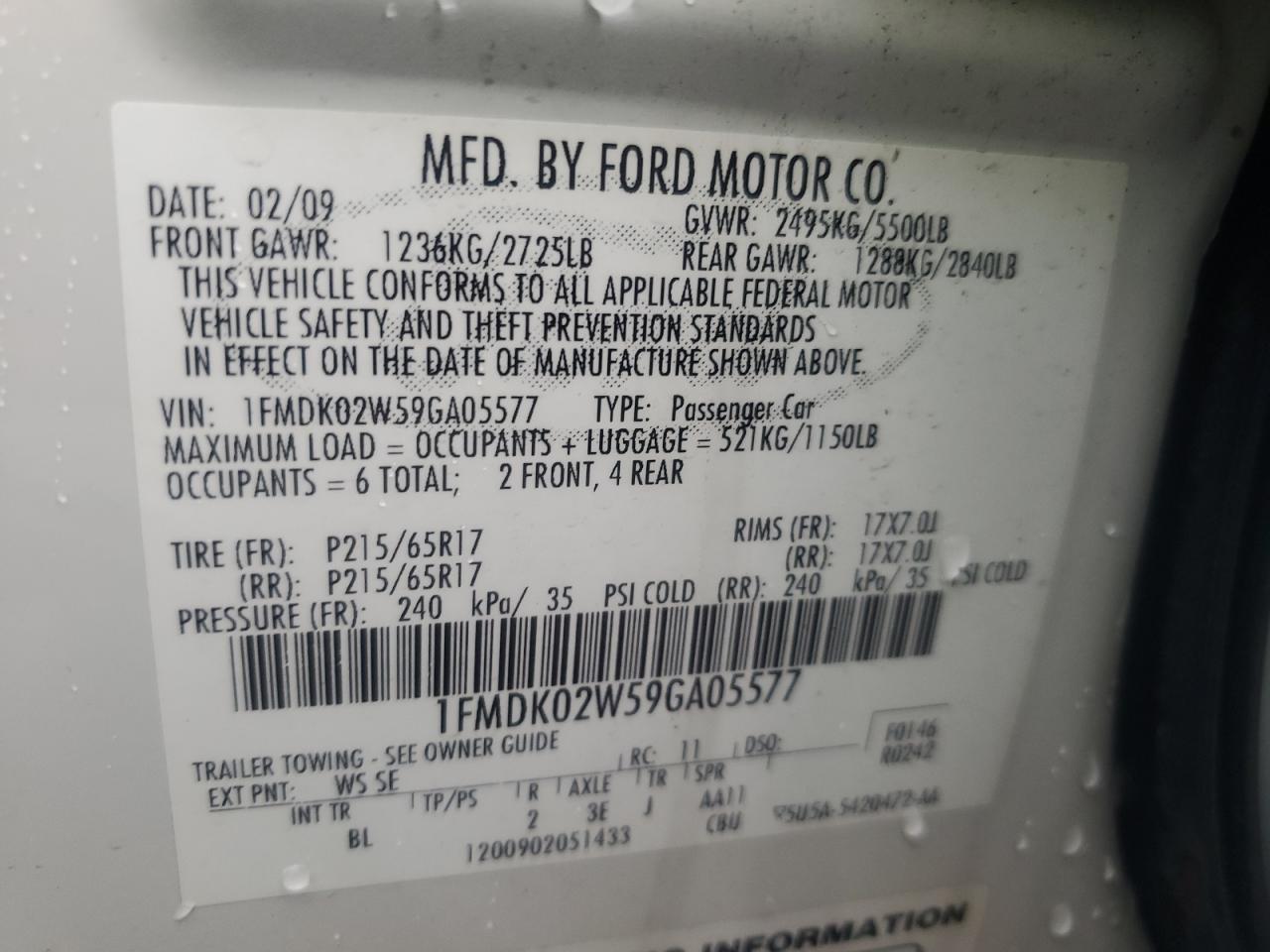 1FMDK02W59GA05577 2009 Ford Taurus X Sel