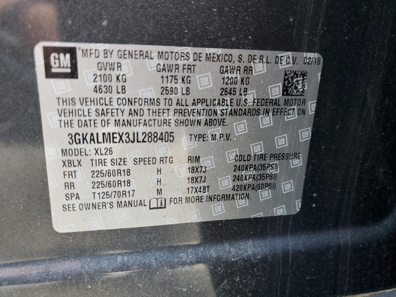 3GKALMEX3JL288405 2018 GMC Terrain Sle
