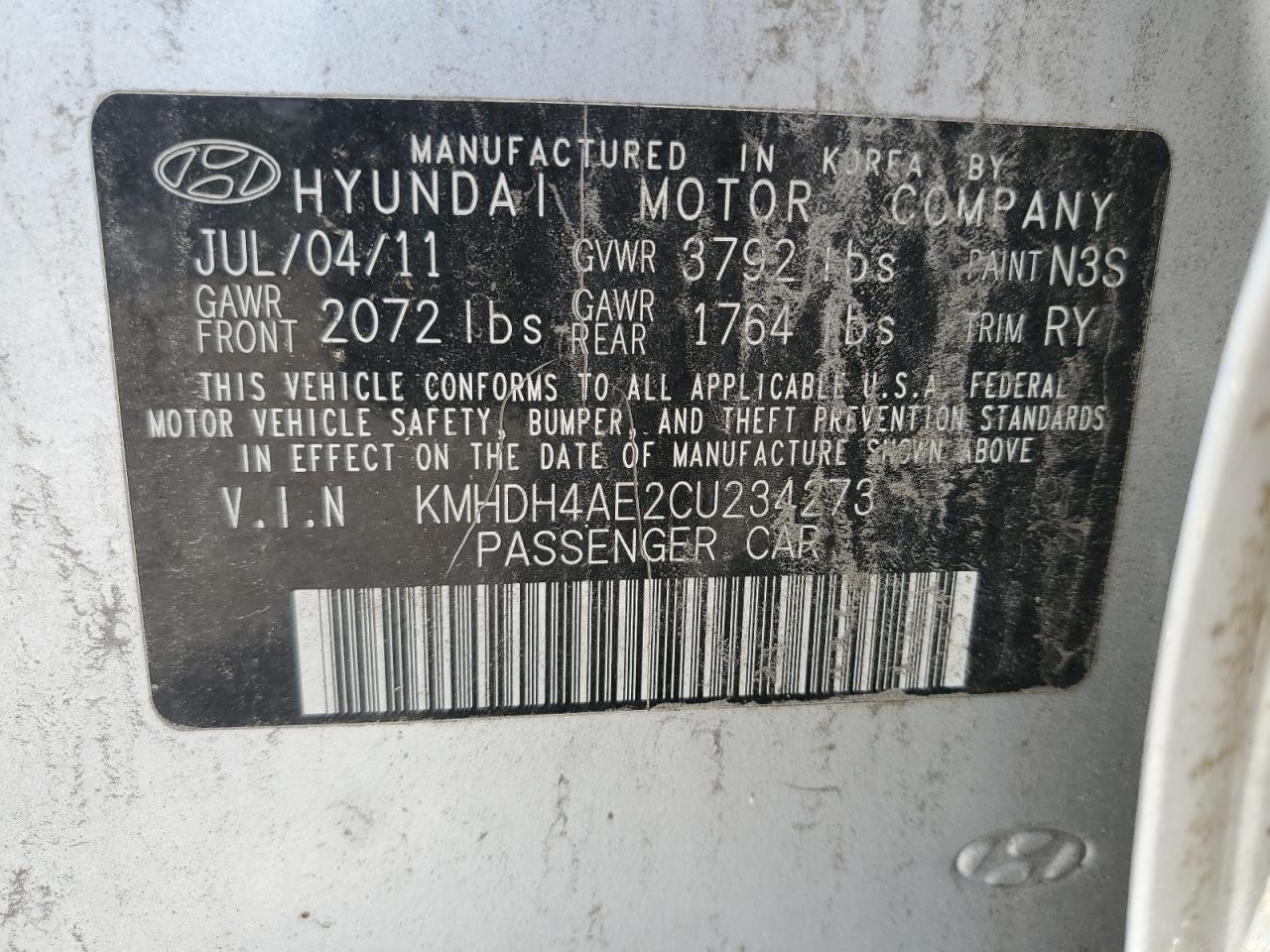 KMHDH4AE2CU234273 2012 Hyundai Elantra Gls