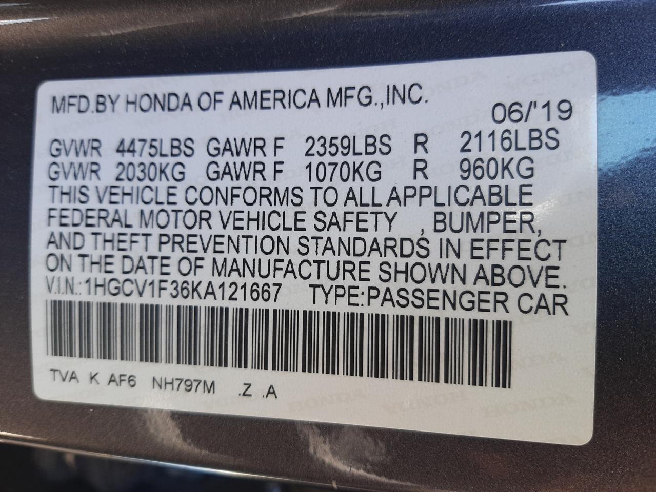 1HGCV1F36KA121667 2019 Honda Accord Sport